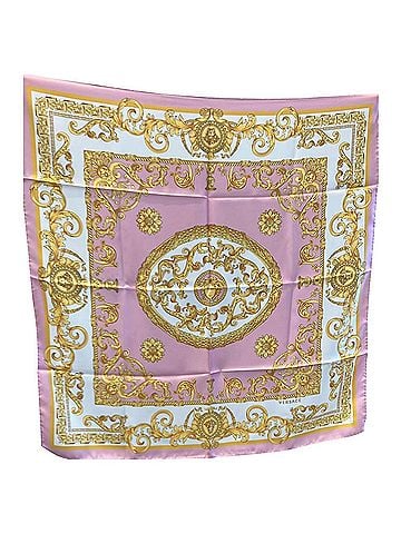 Versace Baroque-Inspired Silk Scarf in Pink, White, And Gold (view 1)