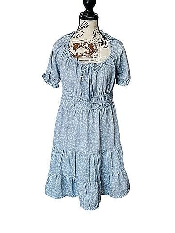Indulge Light Blue Floral Smocked Waist Off-Shoulder Dress Casual Dress (view 1)