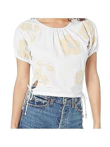 Madewell Poplin Puffy Sleeve Embroidered Flower Top Short Sleeve T-Shirt (view 1)