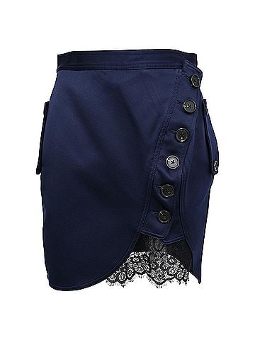 Self-Portrait Self-Portrait Lace Trim Satin Buttoned Mini Skirt in Navy Blue Polyester (view 1)