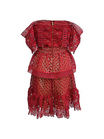 Self-Portrait Self-Portrait Off the Shoulder Guipure Lace Dress in Red Polyester (view 2)
