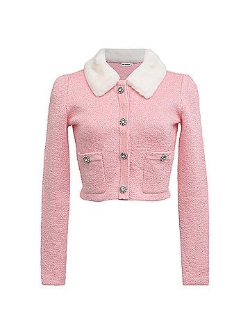 Self-Portrait Self-Portrait Faux-Fur Collar Cropped Cardigan in Pink Polyester (view 1)