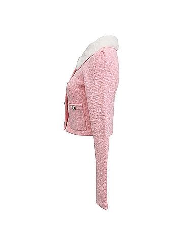 Self-Portrait Self-Portrait Faux-Fur Collar Cropped Cardigan in Pink Polyester (view 2)