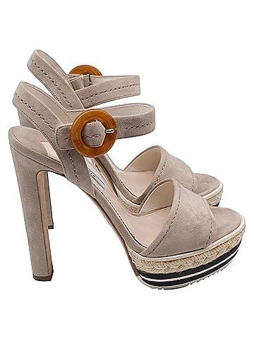 Prada Prada Buckled Ankle Strap Platform Sandals in Beige Suede (view 1)