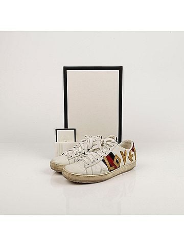 Gucci Love Embroidered Ace Sneakers White Leather (view 1)