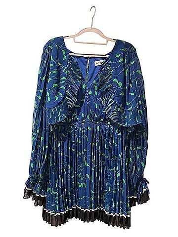 Self-Portrait Blue and Green Pleated Mini Dress with Ruffle Bodice Casual Dress (view 1)