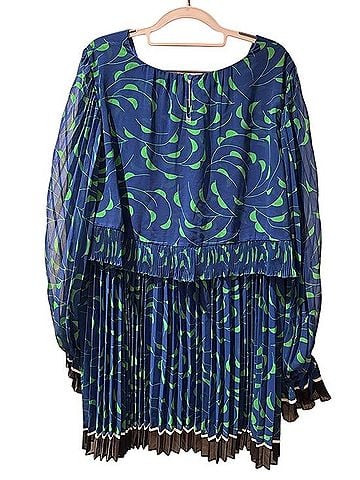 Self-Portrait Blue and Green Pleated Mini Dress with Ruffle Bodice Casual Dress (view 2)