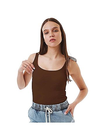 Ambar Women's Minimalist Square Neck Slim Fit Tank Top in Brown (view 2)