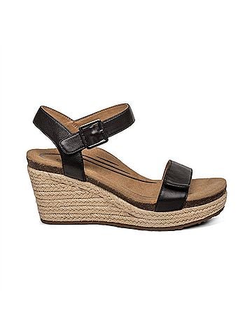 Aetrex Women's Sydney Espadrille Quarter Strap Wedge Sandals in Black Leather (view 1)