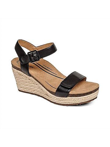 Aetrex Women's Sydney Espadrille Quarter Strap Wedge Sandals in Black Leather (view 2)