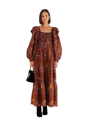 farm rio brown dress Ruffled Dotted Horses Tiered Lace Trim Balloon Sleeve Maxi Length Boho Wearable Art Lagenlook Cocktail [$138.99] Fairy Dusty Blue _okendo:syndication_key:CL131062002 Inspired by the vibrant color:Charcoal Heather