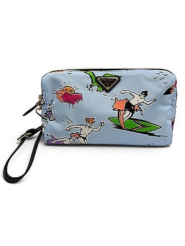 Prada PRADA 1NS693 Triangle Logo Re-Nylon Surf Print Cosmetic Pouch with Wristlet, Blue, Made in Italy, Women's, Box. (view 1)