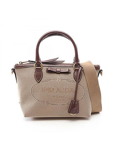 Prada Prada LOGO JACQUARD 2-Way Handbag - Canvas and Leather Women's Beige/Brown (view 1)