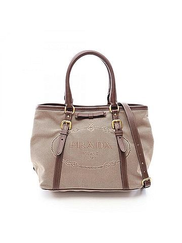 Prada Prada LOGO JACQUARD 2-Way Tote Bag/Handbag, Canvas and Leather, Women's, Beige/Brown (view 1)