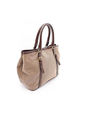 Prada Prada LOGO JACQUARD 2-Way Tote Bag/Handbag, Canvas and Leather, Women's, Beige/Brown (view 2)