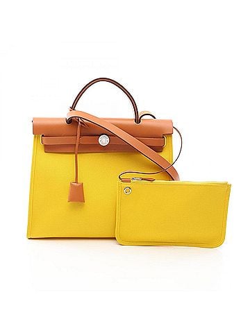 Hermès Hermes Herbag Zip PM 2-Way Handbag, Canvas and Leather, Toile Officier Vache Hunter, Women's, Yellow/Brown/Natural (view 1)
