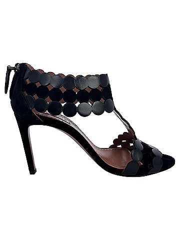 Alaïa Alaïa Scalloped T-Strap Sandal Heels in Black Suede (view 1)