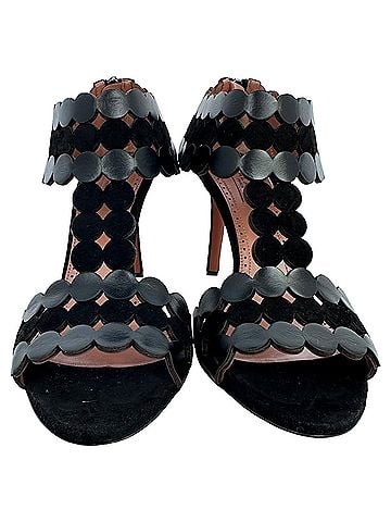 Alaïa Alaïa Scalloped T-Strap Sandal Heels in Black Suede (view 2)