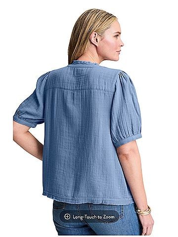 J.Jill Cotton-Gauze Raw-Edge Popover Short Sleeve Blouse (view 2)