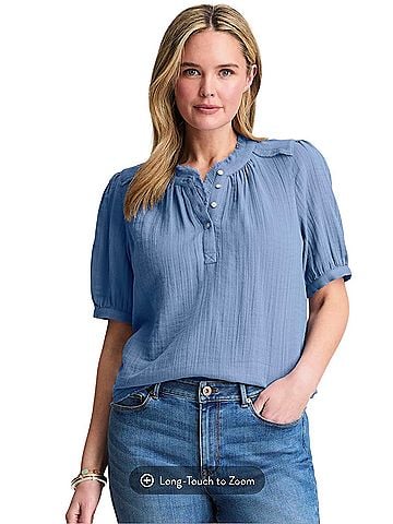 J.Jill Cotton-Gauze Raw-Edge Popover Short Sleeve Blouse (view 1)