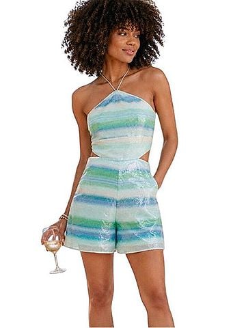 free people green sequin dress Striped Cutout Romper Jumpsuit 5xcollection