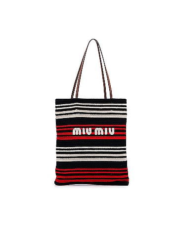 Miu Miu Tricolor Cotton Crochet Logo Striped Vertical Tote (view 1)