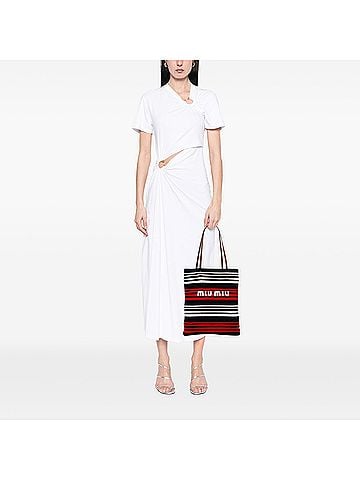 Miu Miu Tricolor Cotton Crochet Logo Striped Vertical Tote (view 2)