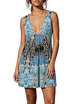 Free People 2009 Vintage Blue Paisley Baroque A-line Mini Dress | 70s Boho Indie Sleaze Whimsigoth Boho Grunge Casual Dress (view 2)