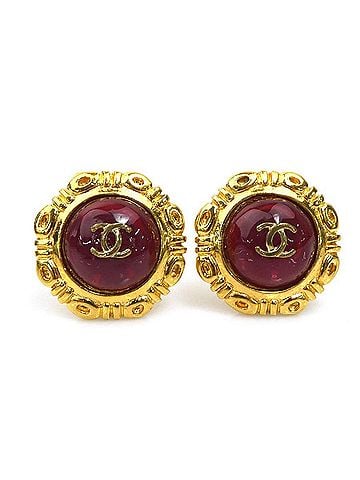 Chanel Chanel earrings, Coco Mark design, metal, glass stone, gold, dark red, women's, e62150a (view 1)
