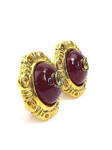 Chanel Chanel earrings, Coco Mark design, metal, glass stone, gold, dark red, women's, e62150a (view 2)