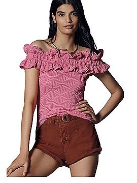 Maeve Textured One-Shoulder Ruffle Knit Short Sleeve T-Shirt (view 1)