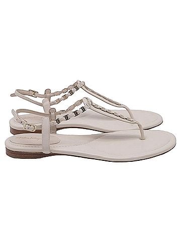 Salvatore Ferragamo Salvatore Ferragamo Chain-Link T-Strap Flat Sandals in White Leather (view 1)