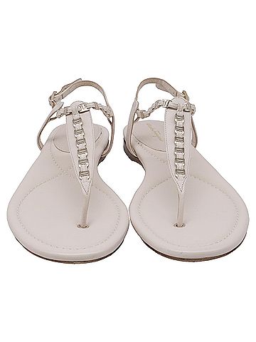 Salvatore Ferragamo Salvatore Ferragamo Chain-Link T-Strap Flat Sandals in White Leather (view 2)