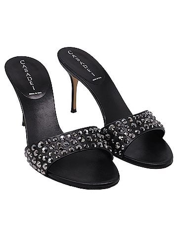Casadei Casadei Crystal-Embellished Slide Sandal Heels in Black Leather (view 2)