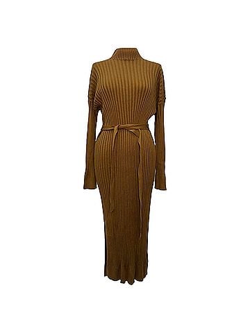 Proenza Schouler Proenza Schouler Ribbed-Knit Long Sleeve Midi Dress in Brown Silk (view 1)