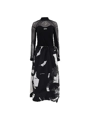 OFF-WHITE Off-White Printed Mock Neck Maxi Dress in Black Polyamide (view 1)