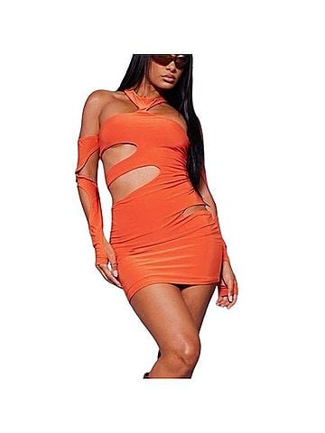 PrettyLittleThing Vibrant Orange Cut-Out Mini Dress Casual Dress (view 1)