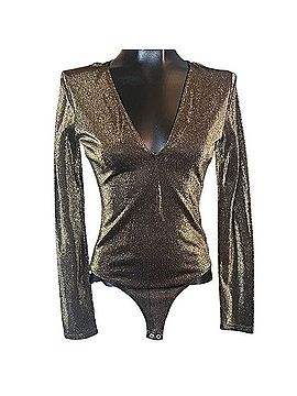 Express Shimmering Gold V-Neck Bodysuit Long Sleeve T-Shirt (view 1)