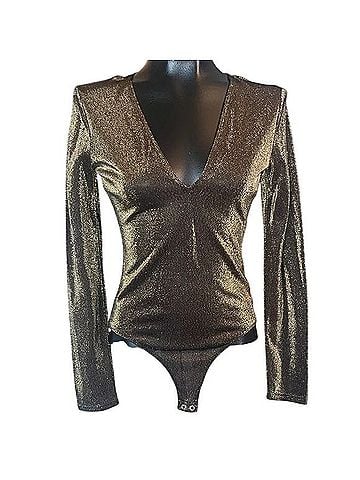 Express Shimmering Gold V-Neck Bodysuit Long Sleeve T-Shirt (view 1)