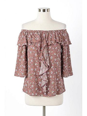 Oddi Off Shoulder Ruffle Detail Floral Print Top in Purple (view 1)