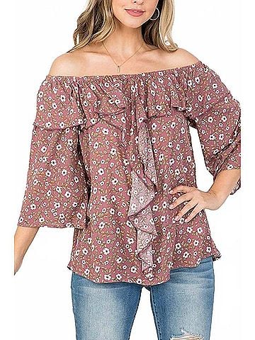 Oddi Off Shoulder Ruffle Detail Floral Print Top in Purple (view 2)