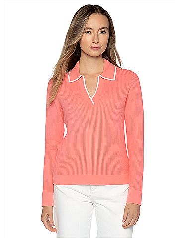 Kinross Tipped Rib Polo Top in Coral (view 2)