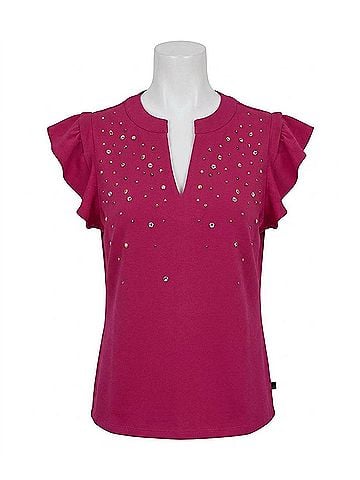 Karl Lagerfeld Studded Ruffle Knit Top in Cerise (view 1)