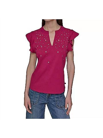 Karl Lagerfeld Studded Ruffle Knit Top in Cerise (view 2)
