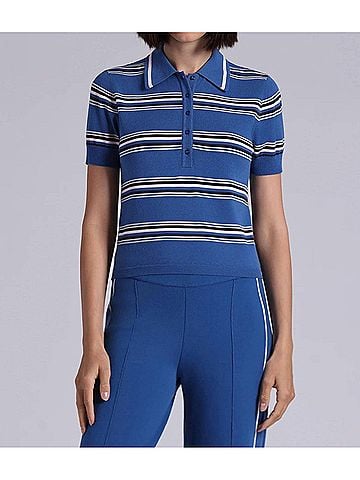 Minnie Rose Short Sleeve Striped Polo in Cosmic Blue Combo (view 2)