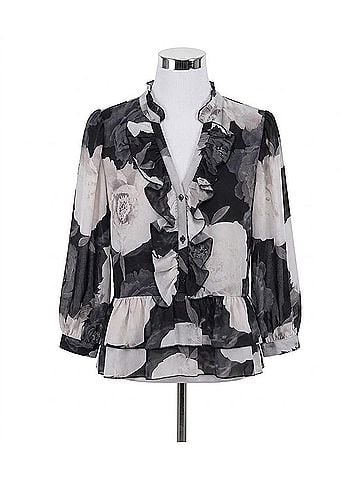 Karl Lagerfeld V-Neck Floral Print Ruffle Blouse in Charcoal (view 1)