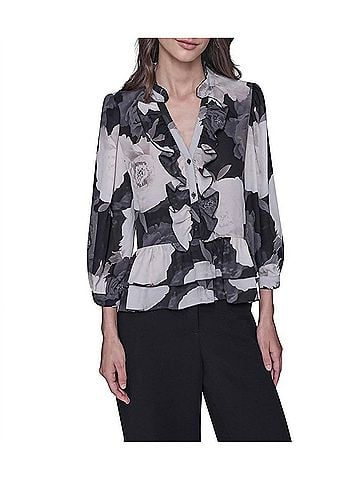 Karl Lagerfeld V-Neck Floral Print Ruffle Blouse in Charcoal (view 2)