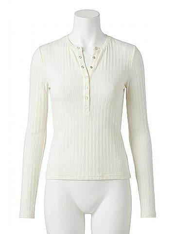 AMO Lottie Fitted Ribbed Henley Top in Bone (view 1)