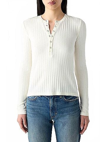AMO Lottie Fitted Ribbed Henley Top in Bone (view 2)