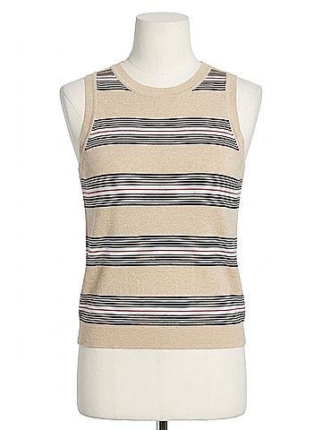 Minnie Rose Cotton Cashmere Striped Crew Neck Tank Top in Brown Sugar Combo (view 1)